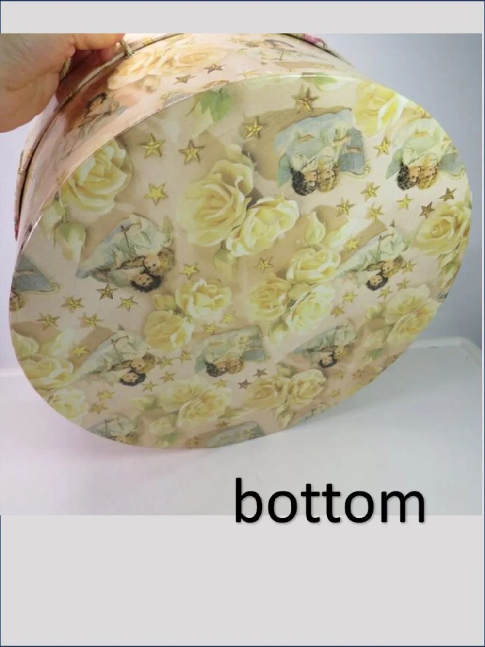 Vintage Cherub Angel Large Round Hat Box Floral Wired Bow Yellow Roses Stars